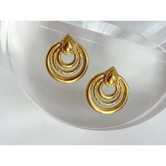 Vintage Gold Toned Rope Designed 80's Hoop Triple Layered Retro Earrings - Picture 7 of 7